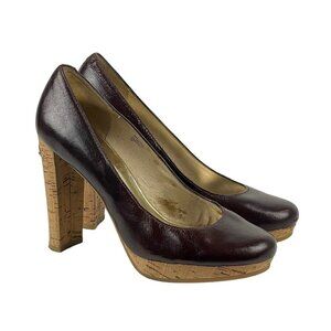 Michael Kors Nash Dark Brown Leather Cork Platform Pumps Size 7 Block Heels